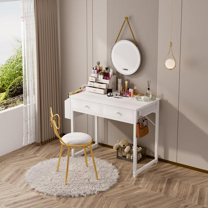 Small White Kids Desk with Drawers for Bedroom, 32 Inch Home Office Desks with Fabric Storage Drawer and Bag, Study Writing Vanity Table for Small Spaces, White