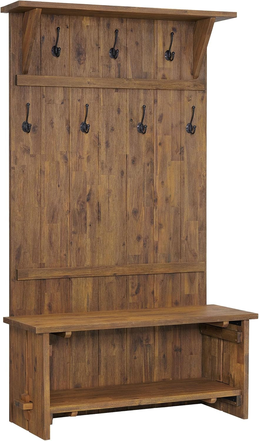 Bethel 70-Inch Acacia Wood Hall Tree with Bench, Storage Shelves & Metal Coat Hooks – Entryway Organizer for Mudroom, Hallway, or Kitchen (Natural Aged Brown Finish)