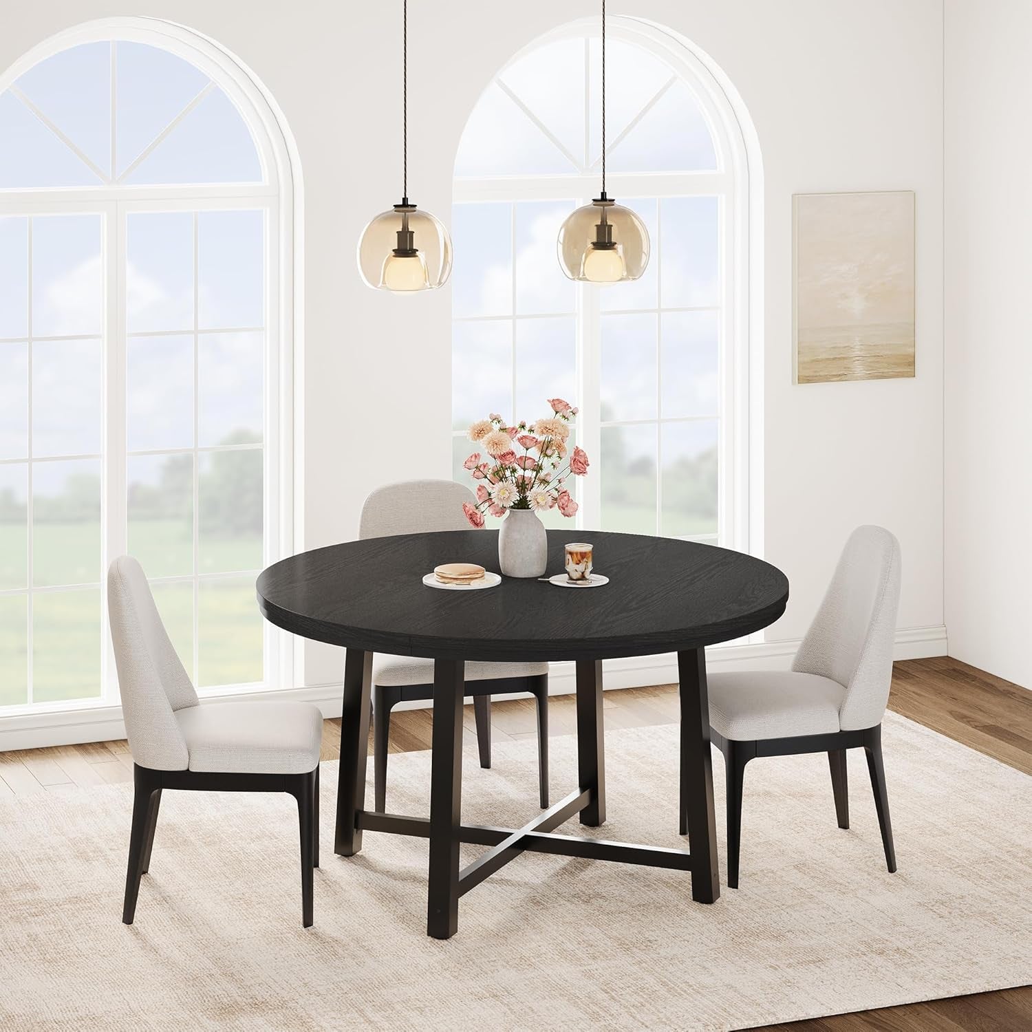 47" round Dining Table for 4, Kitchen Dining Room Table with Sturdy Metal Frame, Wood Circle Kitchen Table for Space Saving -Black