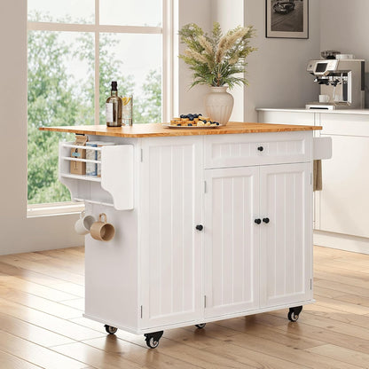 Kitchen Island with Storage, Island Table for Kitchen with Drop Leaf, 5 Wheels, Interal Storage Rack, a Drawer, Spicy Rack and Towel Bar, Sufficient Countertop Space and Storage, White