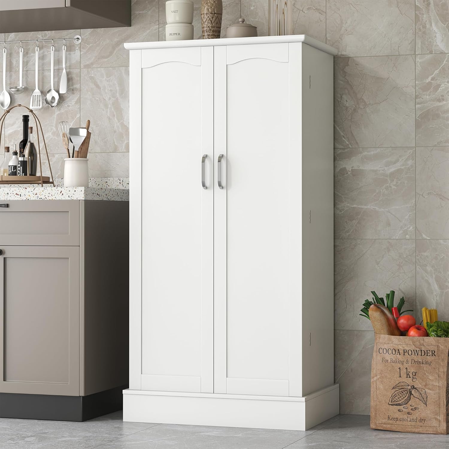 47” Pantry Cabinet, Kitchen Pantry Storage Cabinet with Doors and Adjustable Shelves,Freestanding Buffet Cupboards Sideboard for Living Room and Dinning Room (White)