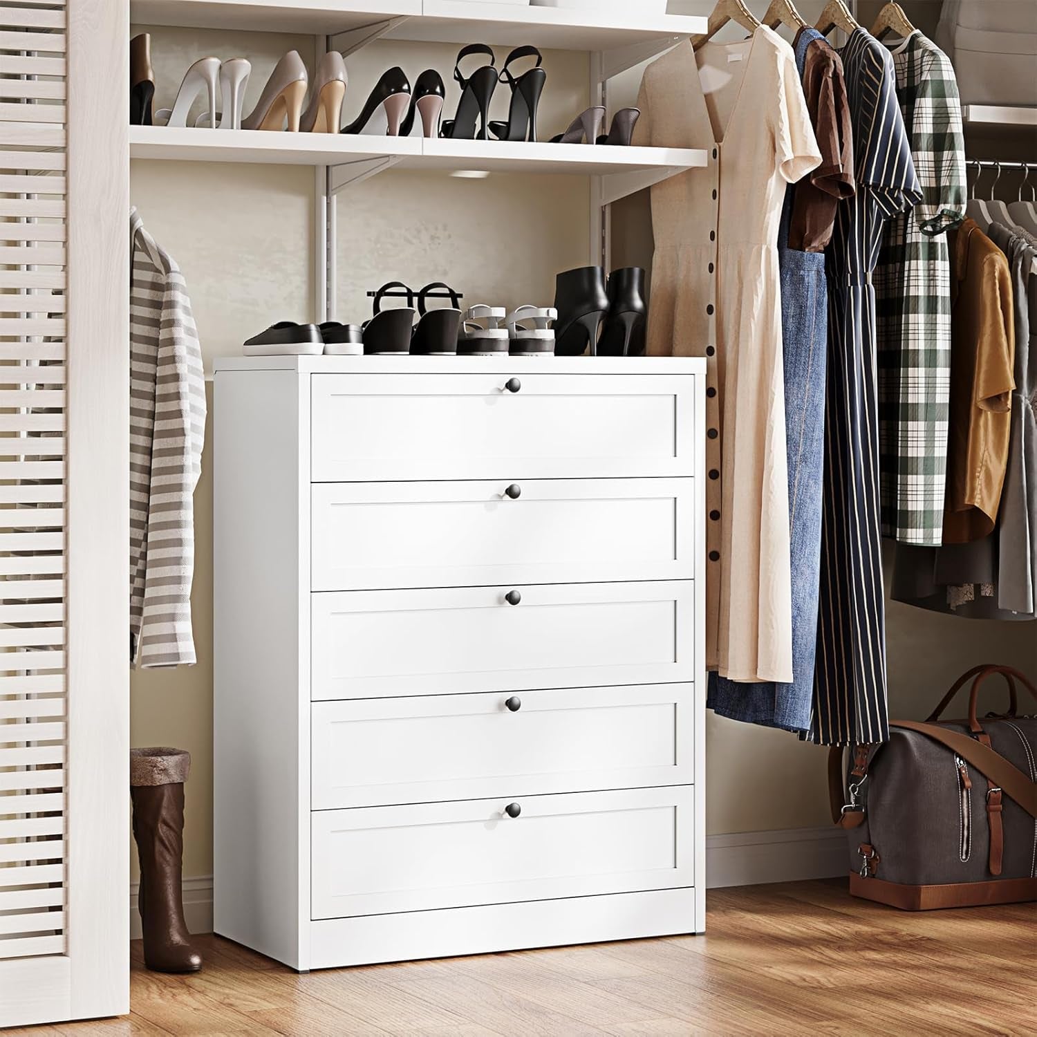Tall White Dresser for Bedroom, 5 Drawer Metal Closet Dressers Chests, Modern Storage Organizer Unit, Large Storage Space Drawer Storage Cabinet for Bedroom, Entryway, Hallway