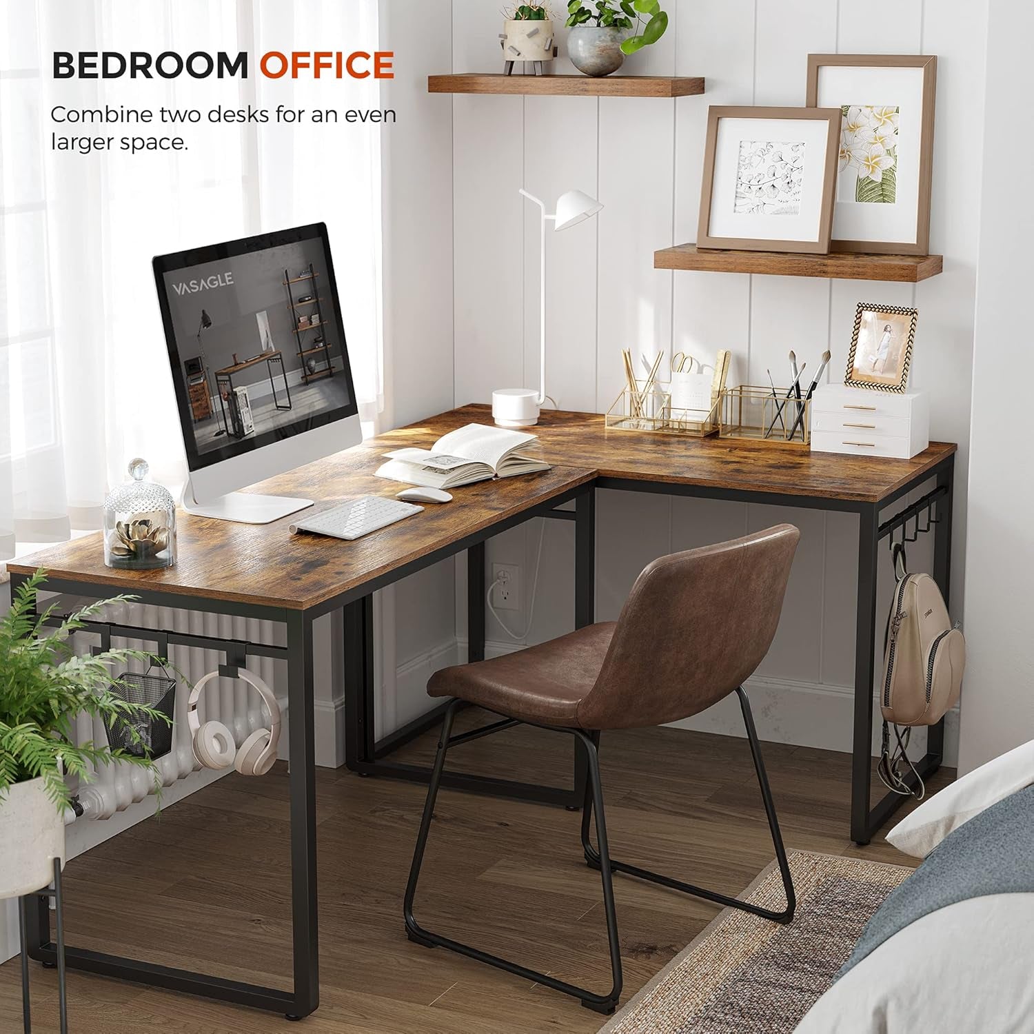 Computer Desk, Office Desk with 8 Hooks, for Study, Home Office, Easy Assembly, Steel Frame, Industrial, 39.4 X 19.7 X 29.5 Inches, Greige ULWD045B02