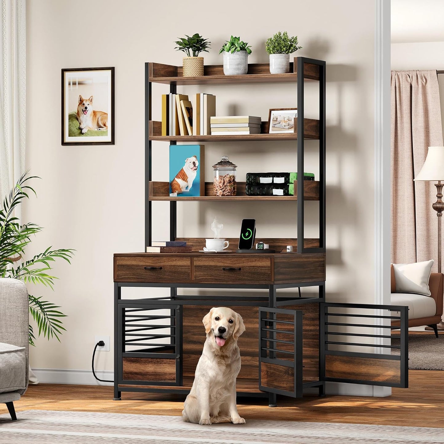 Dog Crate Furniture with Storage Shelves, Heavy Duty Dog Crate with Drawers & Charging Station, 39 Inch Dog Kennel Indoor Furniture for Large Dogs, Modern Dog Crate with Double Doors, Brown
