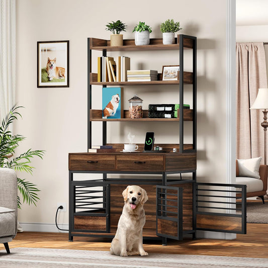 Dog Crate Furniture with Storage Shelves, Heavy Duty Dog Crate with Drawers & Charging Station, 39 Inch Dog Kennel Indoor Furniture for Large Dogs, Modern Dog Crate with Double Doors, Brown