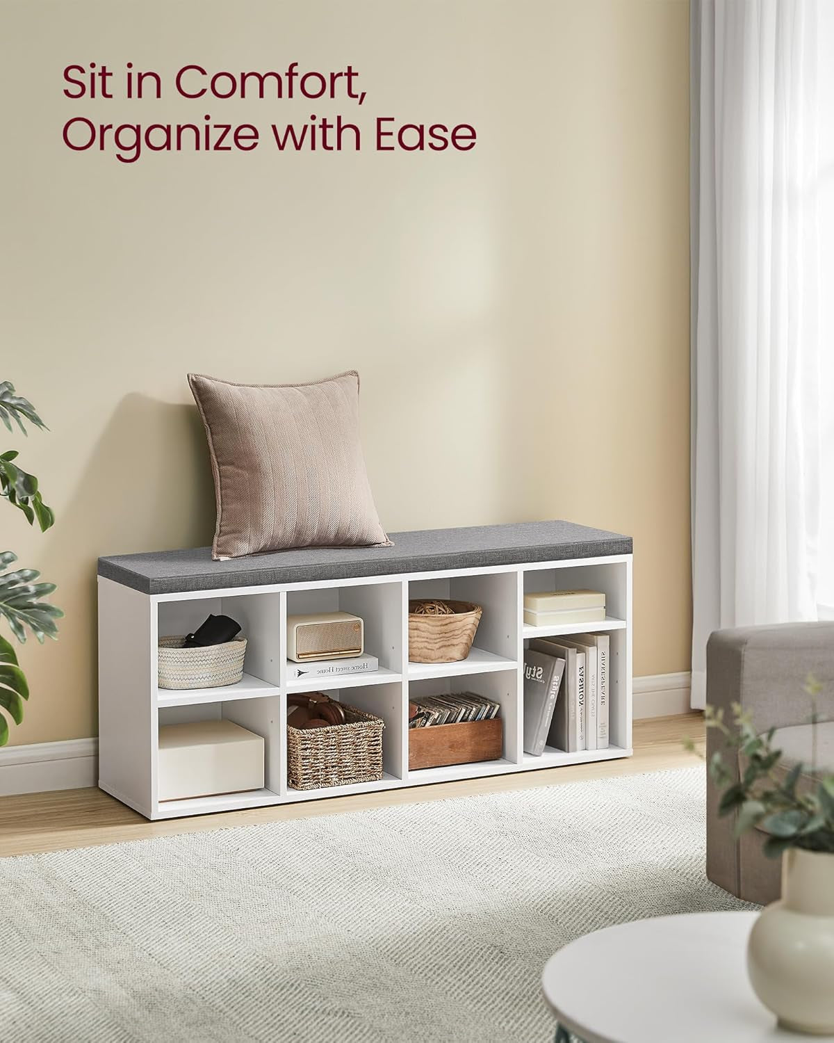 Shoe Bench with Cushion, Shoe Storage Bench with 6 Compartments and 3 Adjustable Shelves, Entryway Bench with Padded Seat, for Bedroom, Closet, Living Room, White ULHS23WT