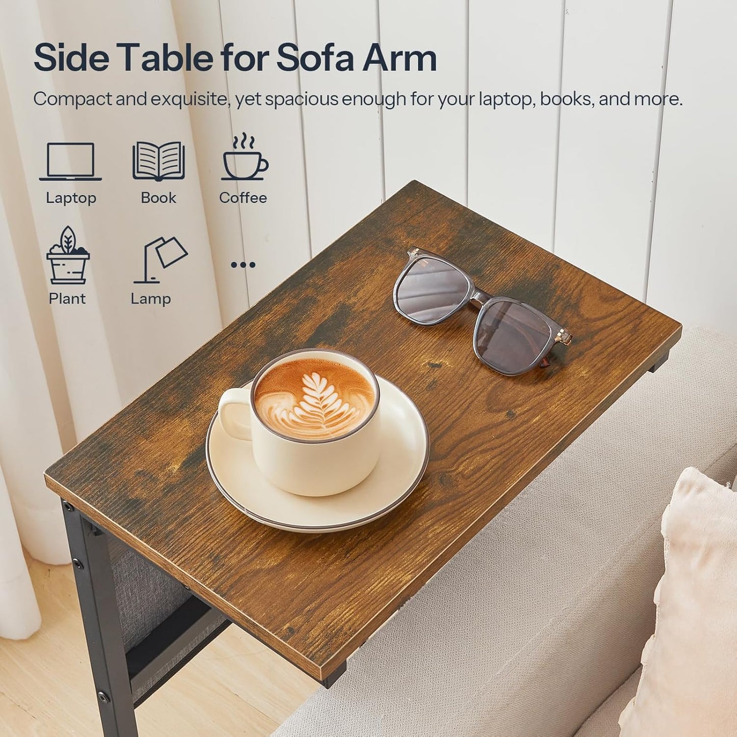 C Shaped End Table with Charging Station, 28" H Couch Side Table Slide Under, Sofa Arm Tray Table with Storage Bag for Living Room, Recliner, Rustic Brown BF70USF01