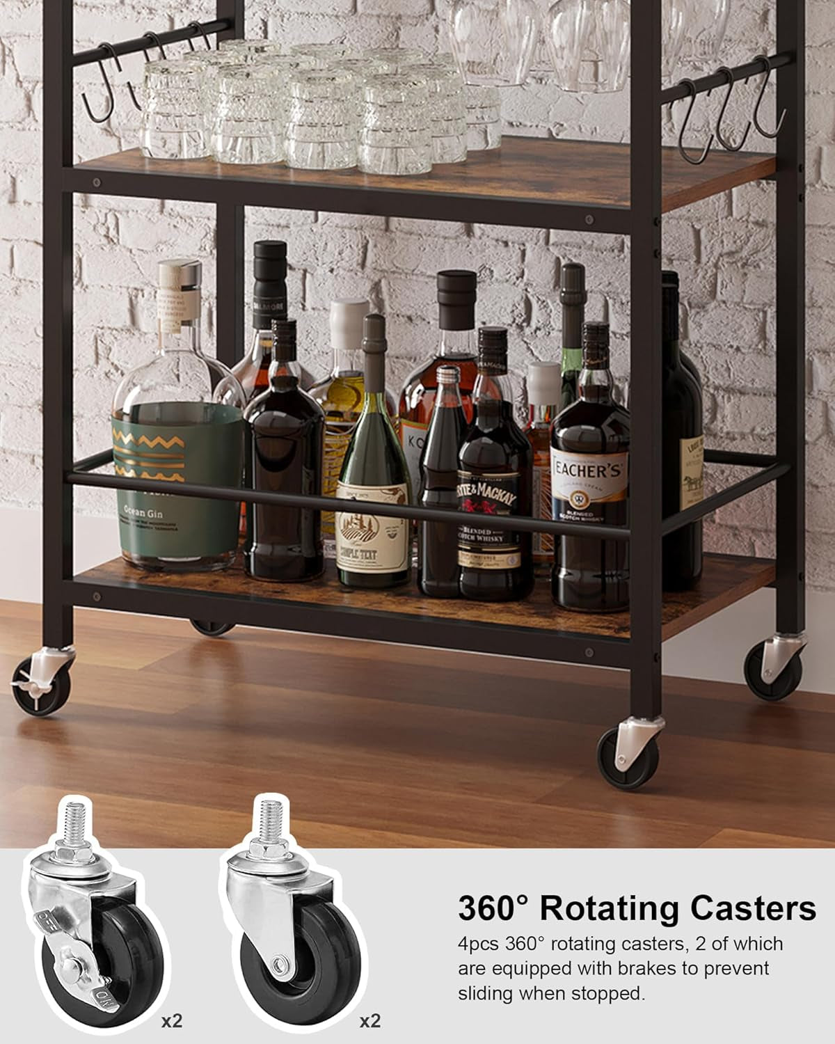 Bar Cart with Removable Tray, Home Bar Serving Cart, Drink Cart, Mobile Kitchen Shelf with Wine Rack and Glass Holder, Rolling Beverage Cart for Living Room, Kitchen, Brown BC01BB036