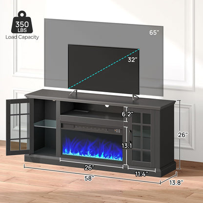 Fireplace TV Stand with Led and Power Outlets, Black Entertainment Center with 26" Electric Fireplace for 45/50/55/60/65 Inch Tvs, Modern TV Console with Storage Cabinet for Living Room