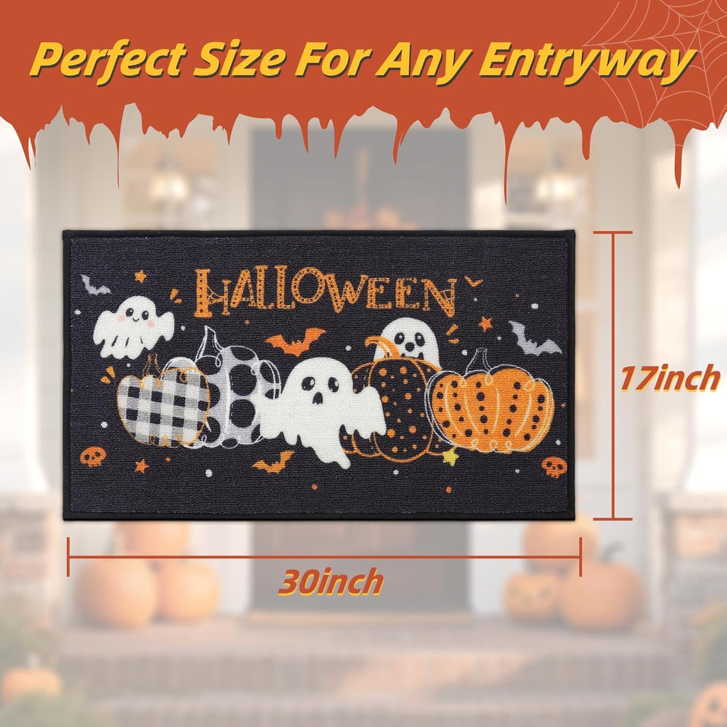Halloween Holiday Doormat, 17''X30'' Non-Slip Ghost and Pumpkins Decorative Welcome Mats for Floor, Low-Profile Entryway Rugs Washable, Pumpkins Party Pattern
