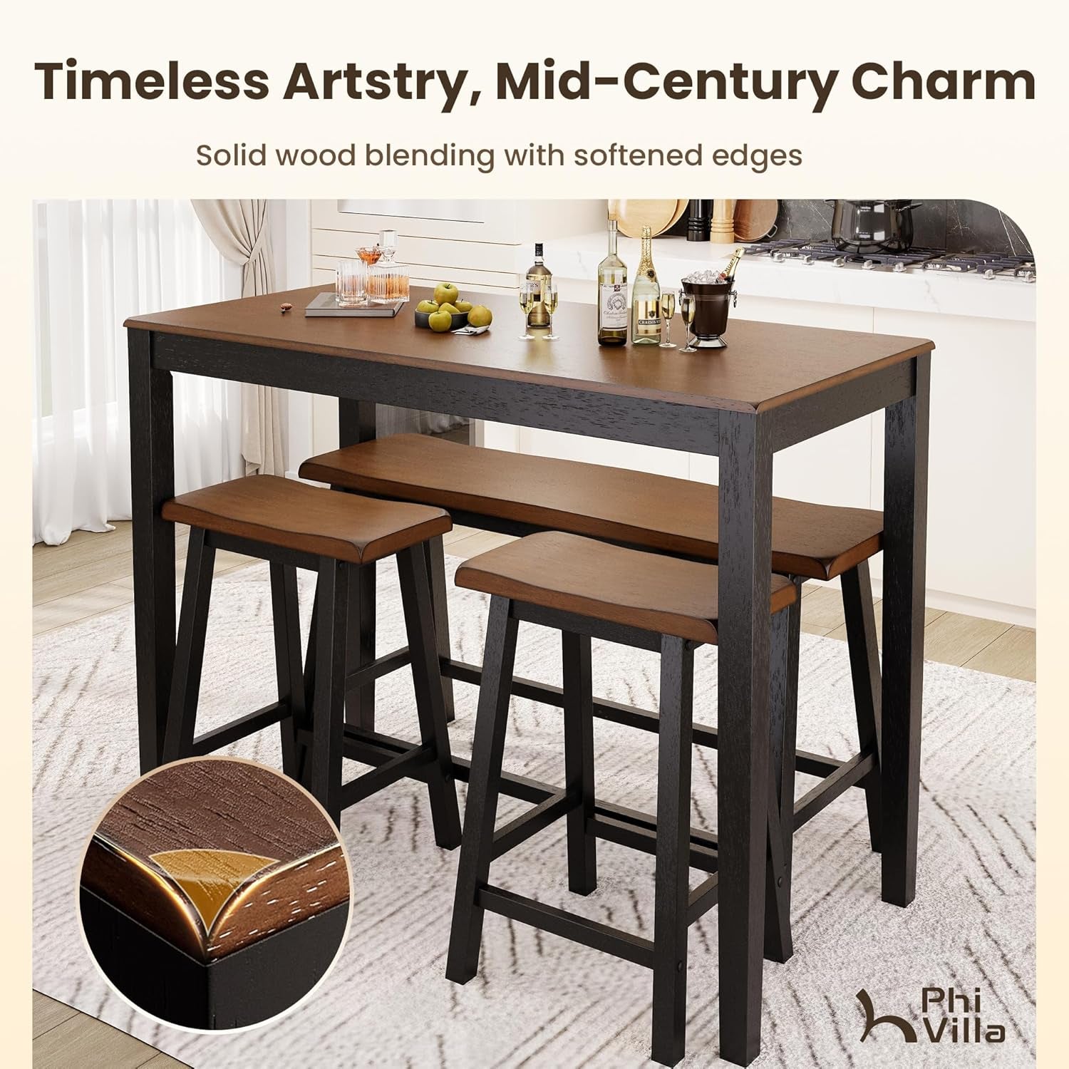 Dining Table Set for 4, Counter Height Dining Table Set with Bench and 2 Chairs, Wooden Kitchen Table Set,Rustic Farmhouse Dinning Table Set, Walnut with Black