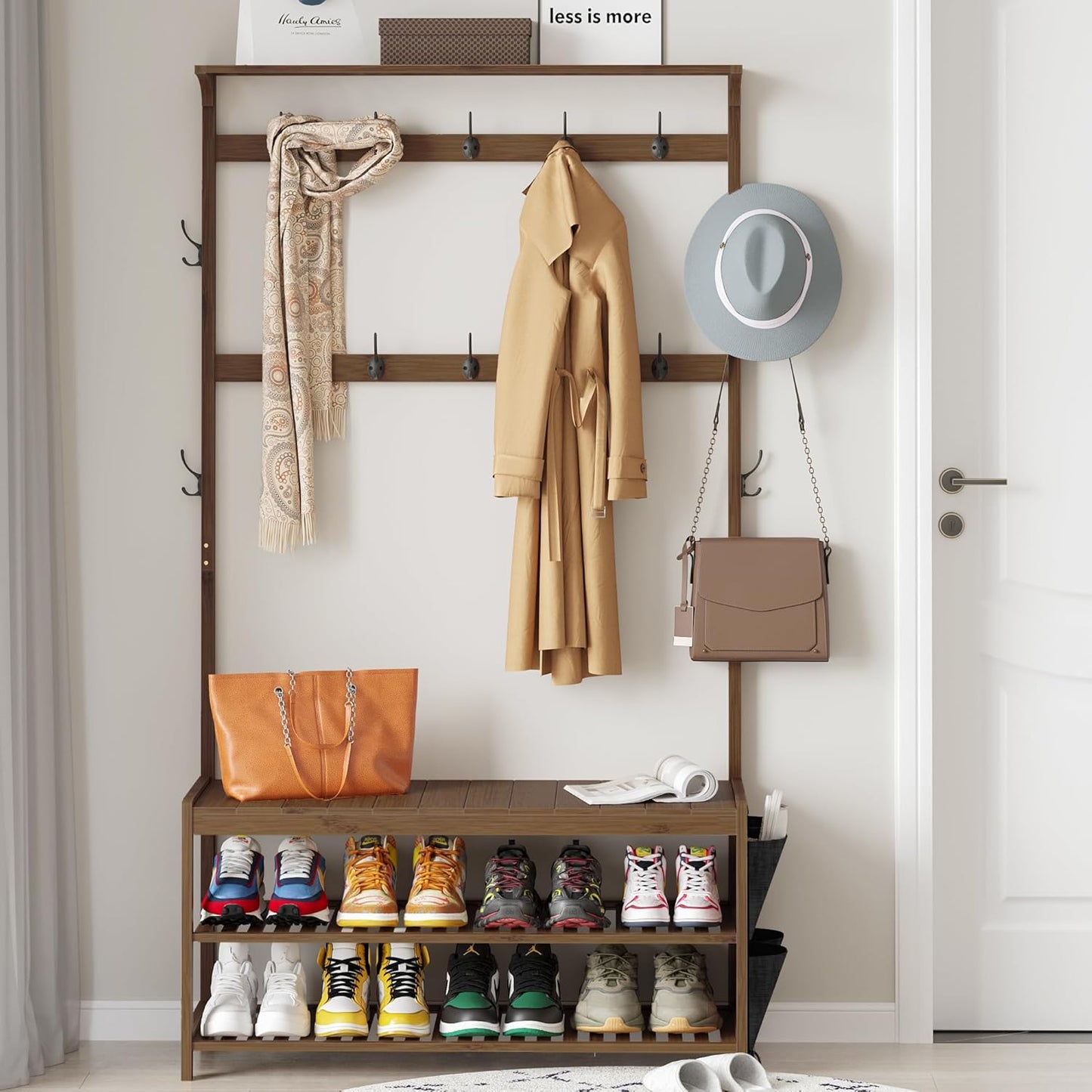 Hall Tree with Bench and Shoe Storage, Entryway Bench with Shoe Storage, 6-In-1 Coat Rack with Cloth Bag And14 Coat Hooks, Sturdy Bamboo Frame, Large Size, Brown 39 * 15 * 70 Inches