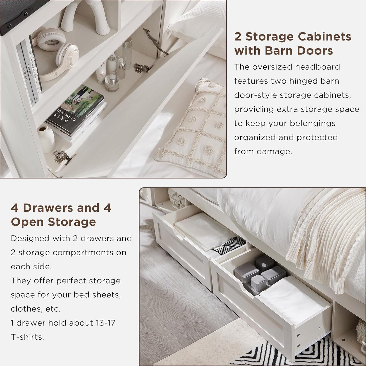 Queen Bed Frame Farmhouse with 52" Storage Bookcase Headboard, 4 Drawers Wooden Bed Frame, LED Light, Charging Station - White