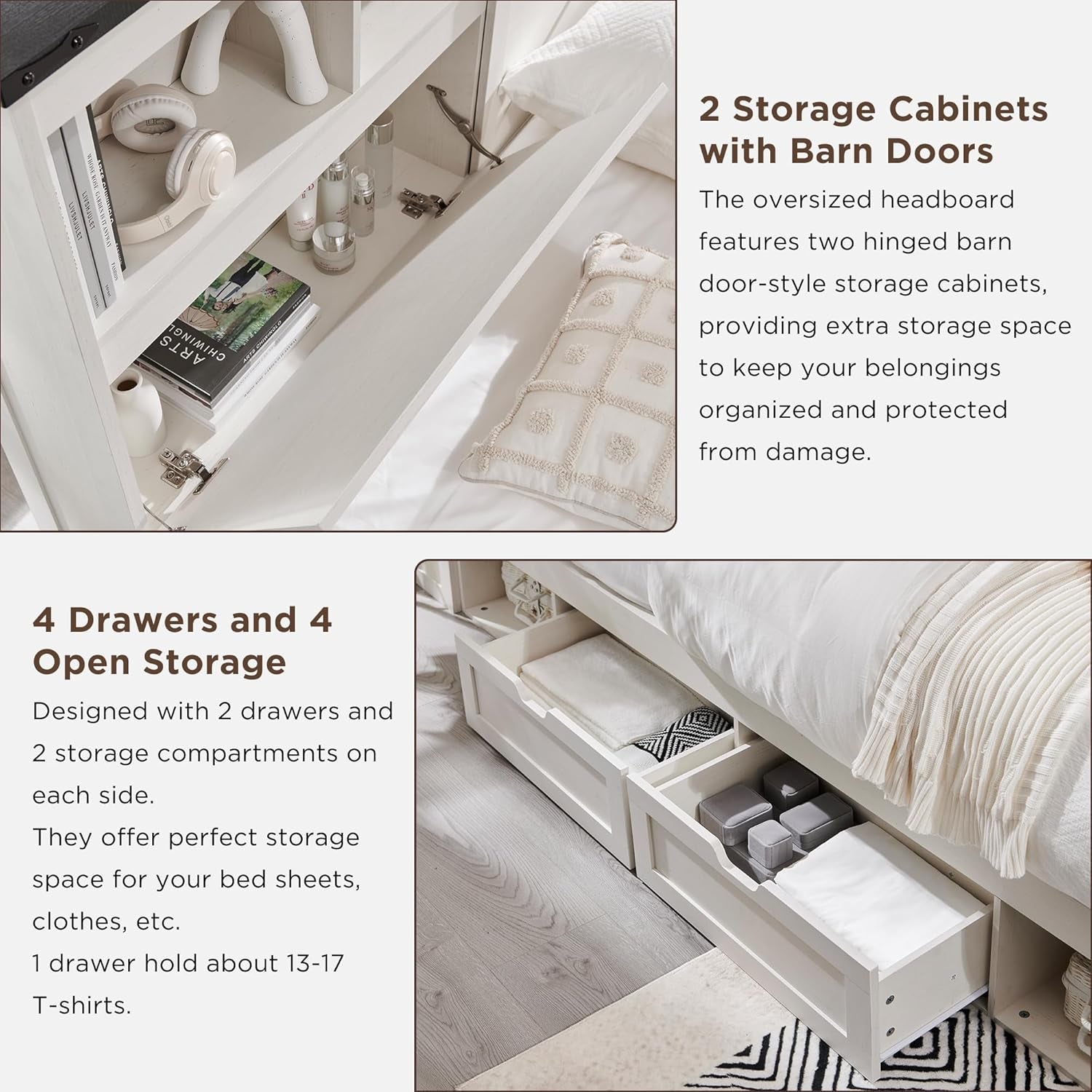 Queen Bed Frame Farmhouse with 52" Storage Bookcase Headboard, 4 Drawers Wooden Bed Frame, LED Light, Charging Station - White