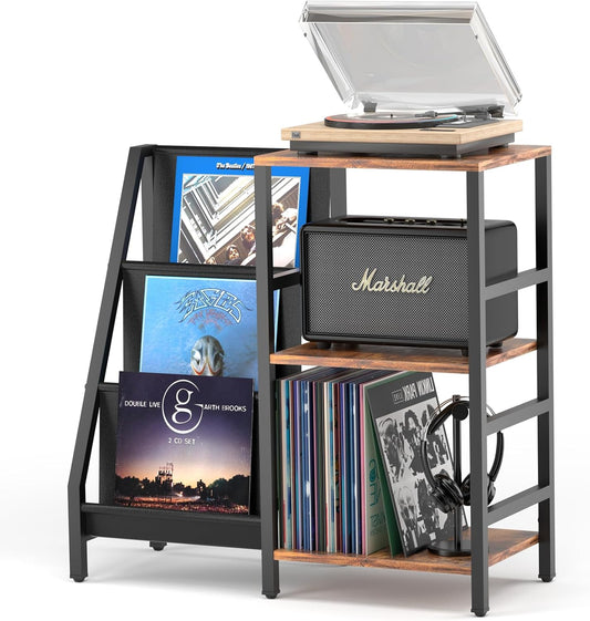 Vinyl Record Player Stand with 3-Tier Storage, Turntable Display Shelf for 200 Albums, Record Storage Table for Living Room, Stylish Holder with Speaker Storage