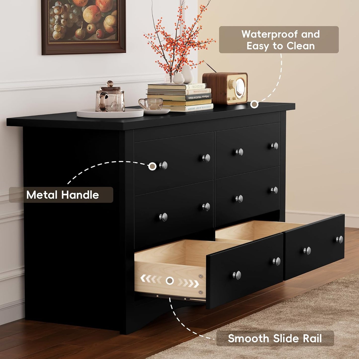 Dresser for Bedroom, 6 Wood Dresser, Chest of Drawers, for TV up to 65 Inch, TV Stand Storage Chest of Drawers for Hallway Entryway (Black)