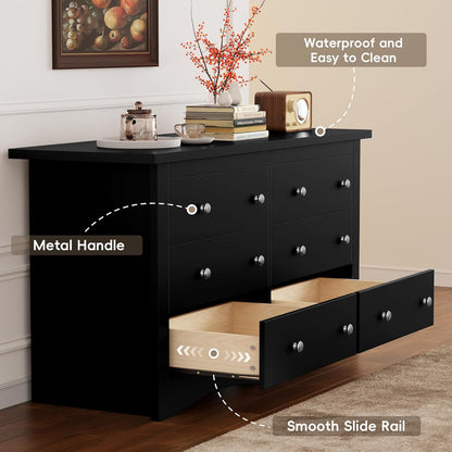 Dresser for Bedroom, 6 Wood Dresser, Chest of Drawers, for TV up to 65 Inch, TV Stand Storage Chest of Drawers for Hallway Entryway (Black)
