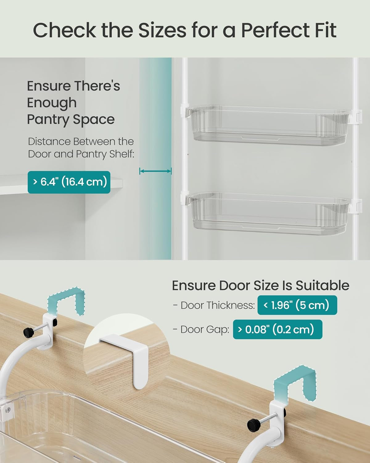 over the Door Pantry Organizer, 6-Tier Kitchen Pantry Door Organizer with Adjustable Tall Baskets, Hanging Spice Rack, for Bedroom Bathroom Laundry Room, Transparent UKCS046WG01