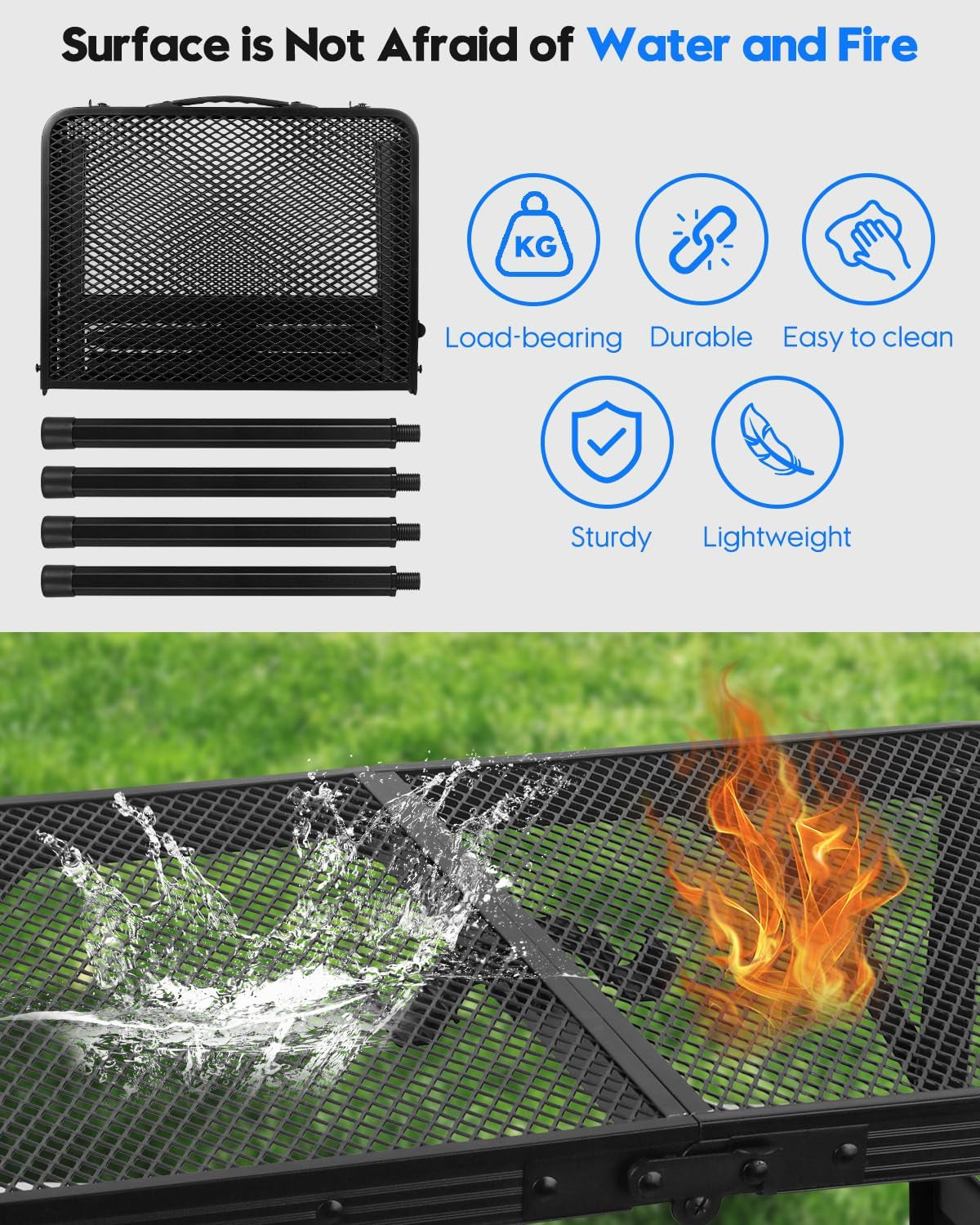 Folding Grill Table, Height Adjustable Aluminum Table with Mesh Desktop and Mesh Bag, Portable Grill Table for Outdoor Camping, Picnic, Patio, Dining, BBQ, Party, Black, 23.6×15.7 Inch