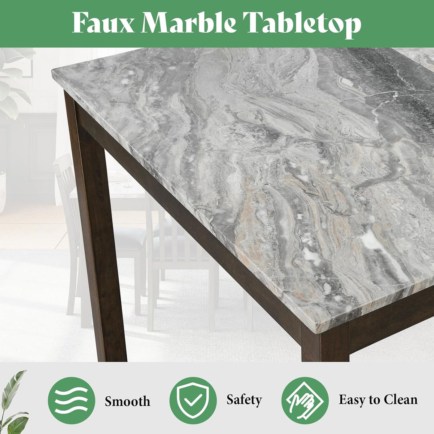 7-Piece Dining Table Set, 71" Faux Marble Modern Table with 6 PU Leather Upholstered Chairs, Heavy-Duty Solid Wood Set for Kitchen & Dining Room, Dark Brown