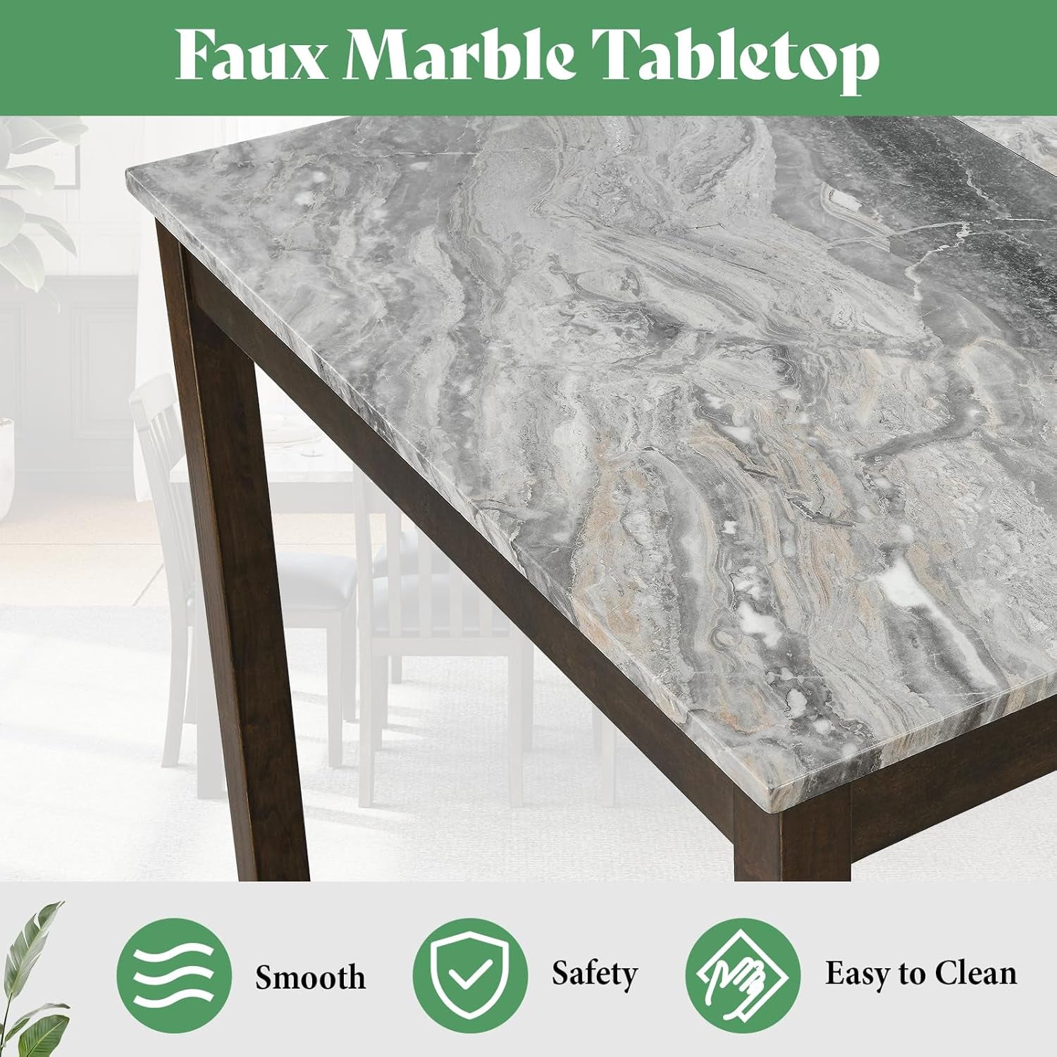 7-Piece Dining Table Set, 71" Faux Marble Modern Table with 6 PU Leather Upholstered Chairs, Heavy-Duty Solid Wood Set for Kitchen & Dining Room, Dark Brown