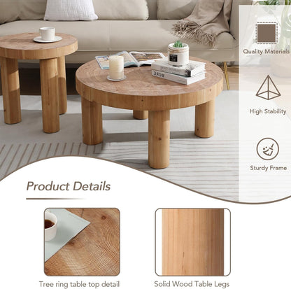 2-Piece round Farmhouse Coffee Table, Rustic Coffee Table Sets, Circle Wooden Ring Finish with Solid Wood Legs, Center Tables Set for Living Room (Natural)