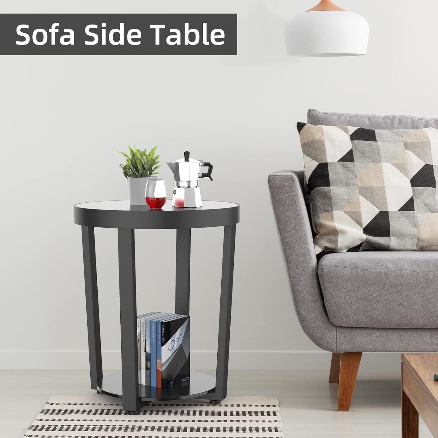 Round End Table, Tempered Glass End Table with Metal Frame, Small Coffee Table, Black Sofa Side Table for Living Room, Balcony, Bedroom