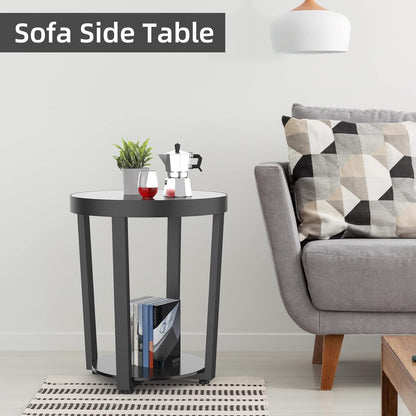 Round End Table, Tempered Glass End Table with Metal Frame, Small Coffee Table, Black Sofa Side Table for Living Room, Balcony, Bedroom