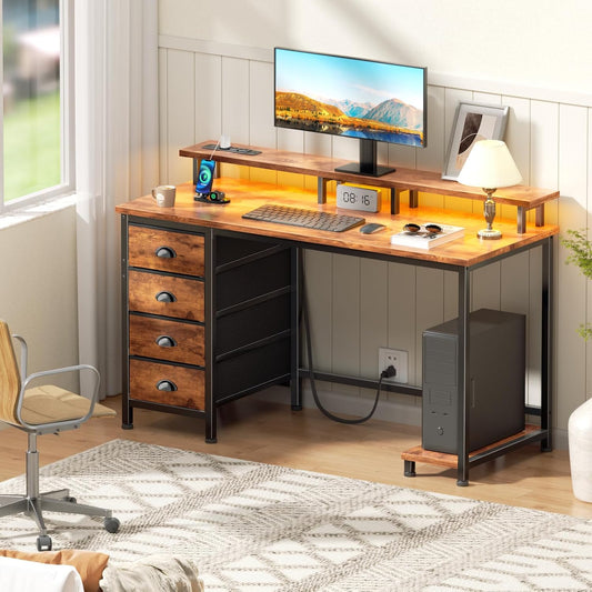 47" Computer Desk with 4 Fabric Drawers & Monitor Stand, Gaming Desk with Power Outlets - LED Lights, Home Office Space-Saving Study Table for Bedroom Small Spaces (Rustic Brown)
