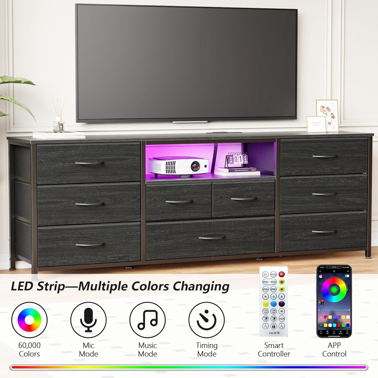 9 Drawer Dresser, 63” Long TV Stand for Bedroom, Entertainment Center with Power Outlet & LED Light for 65"-75" TV, Black Dresser with Fabric Storage Drawers for Closet