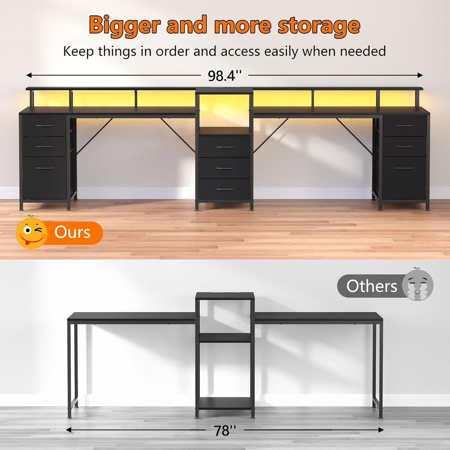98.4" Long Computer Desk with 9 Drawers, 2 Person Gaming Desk with LED Lights & Power Outlet, Two Person Home Office Desk with Storage, Printer Shelf ＆ Monitor Stand, Black