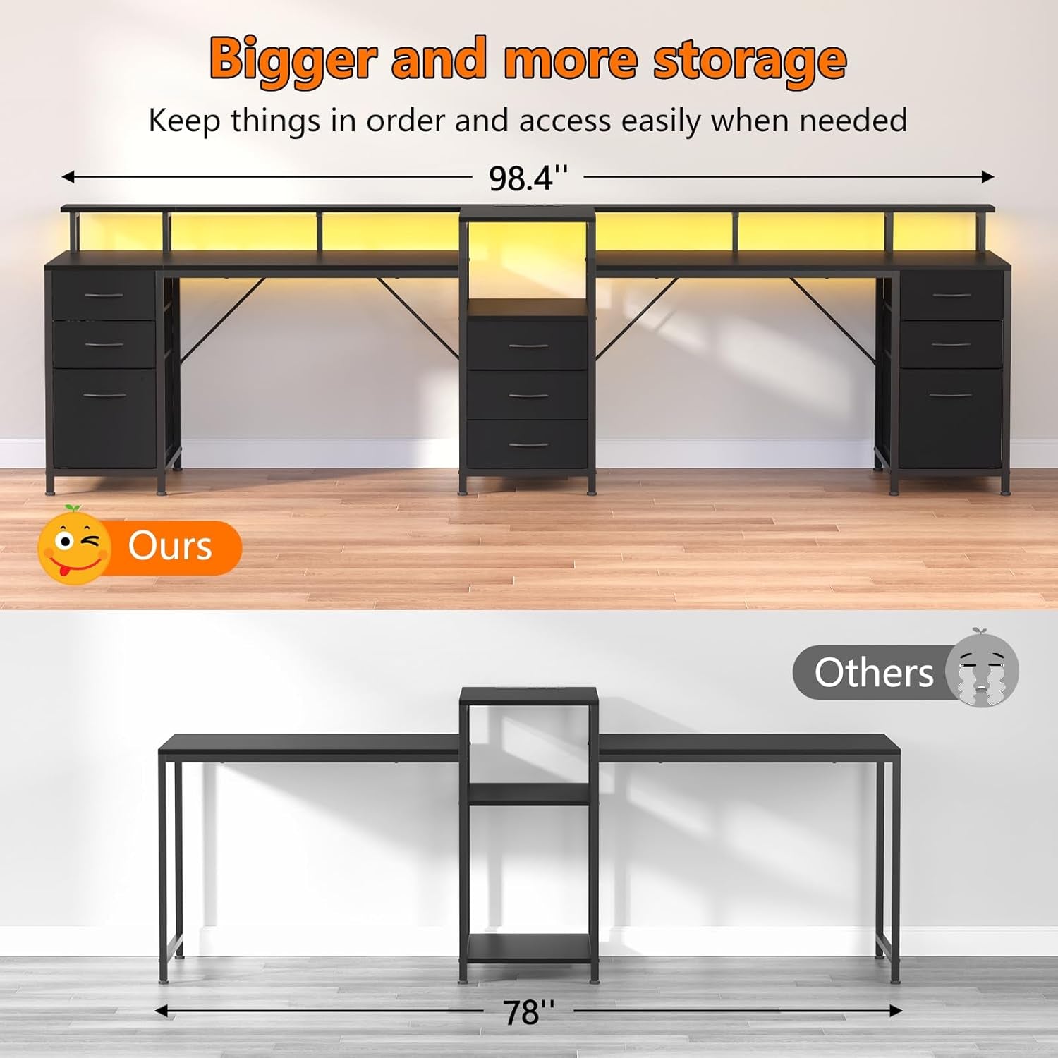 98.4" Long Computer Desk with 9 Drawers, 2 Person Gaming Desk with LED Lights & Power Outlet, Two Person Home Office Desk with Storage, Printer Shelf ＆ Monitor Stand, Black