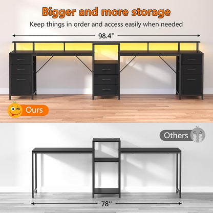 98.4" Long Computer Desk with 9 Drawers, 2 Person Gaming Desk with LED Lights & Power Outlet, Two Person Home Office Desk with Storage, Printer Shelf ＆ Monitor Stand, Black