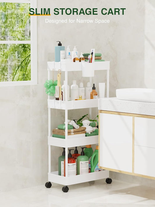 Slim Rolling Storage Cart - 4 Tiers Bathroom Organizer Utility Cart Slide Out Storage Shelves Mobile Shelving Unit for Kitchen, Bedroom, Office, Laundry Room, Small Narrow Spaces (7.1" W+White)