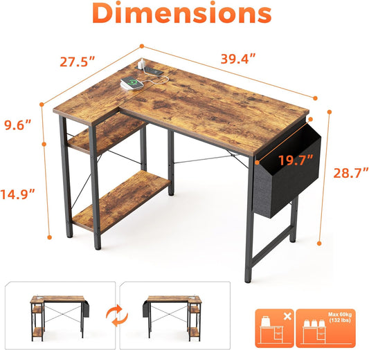 Small L Shaped Computer Desk with Power Outlets, Gaming Desk for Small Spaces, Corner Desk with Reversible Storage Shelves, Study Writing Table for Home Office