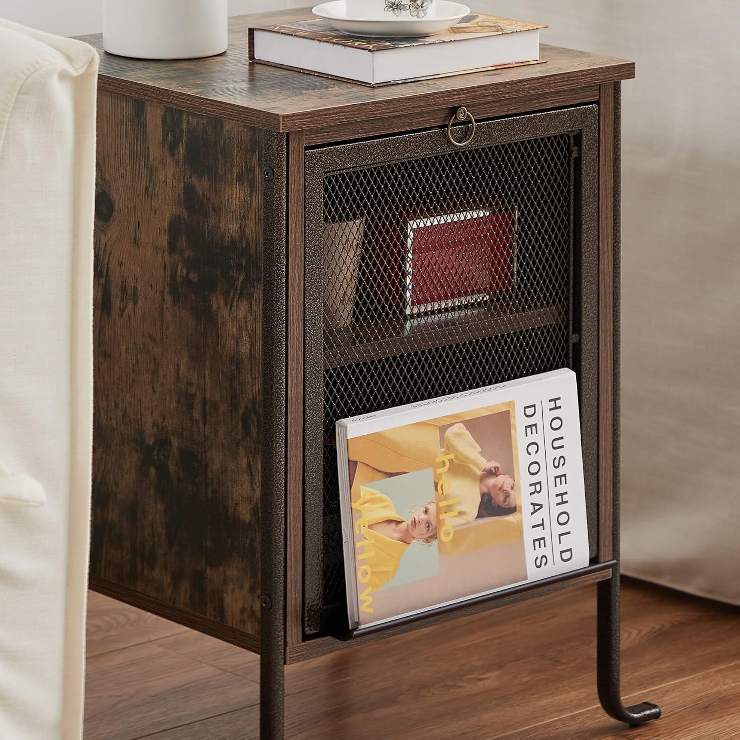 Side/End Table with Pull-Out Tray and 2 Tier Storage Shelf for Small Spaces/Chairside/Bedside Bedroom, Nightstand Steel Frame, Rustic Brown