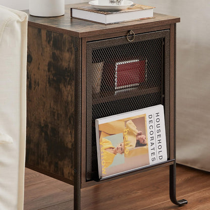 Side/End Table with Pull-Out Tray and 2 Tier Storage Shelf for Small Spaces/Chairside/Bedside Bedroom, Nightstand Steel Frame, Rustic Brown