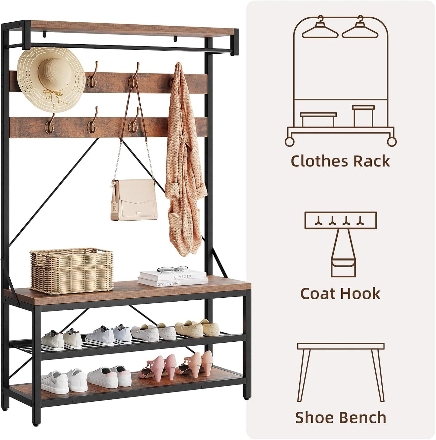 Coat Rack Shoe Bench Industrial Hall Tree Storage Bench for Entryway, Wood Look Accent Large Shoe Rack with Storage Shelf Hanging Bar,8 Hooks Rustic Brown 39.9"X15.7"X72"