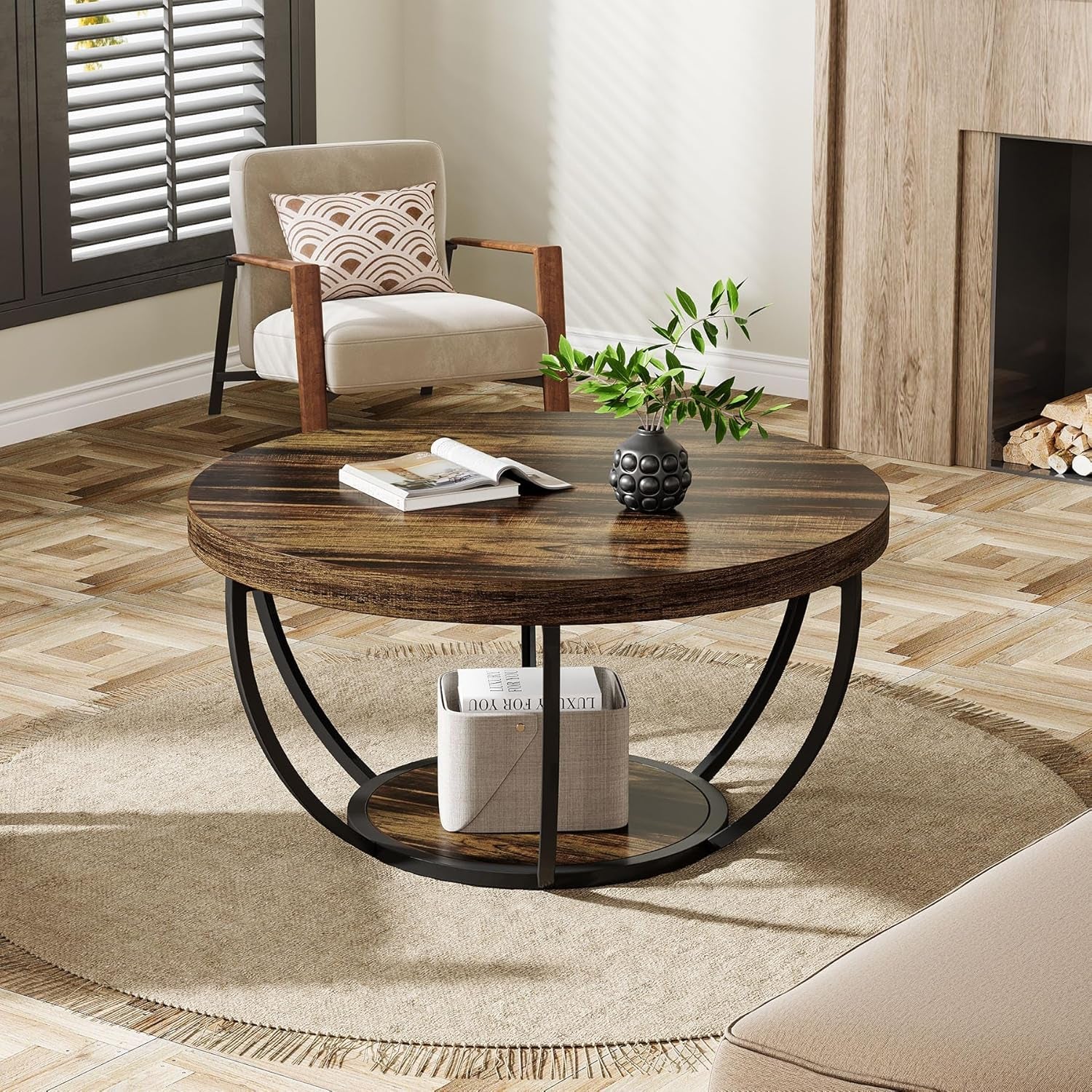 round Coffee Table, 31.7" Wooden 2-Tier Circle Coffee Table with Storage Shelves, Modern Accent Cocktail Table Center Table for Living Room, Rustic Brown