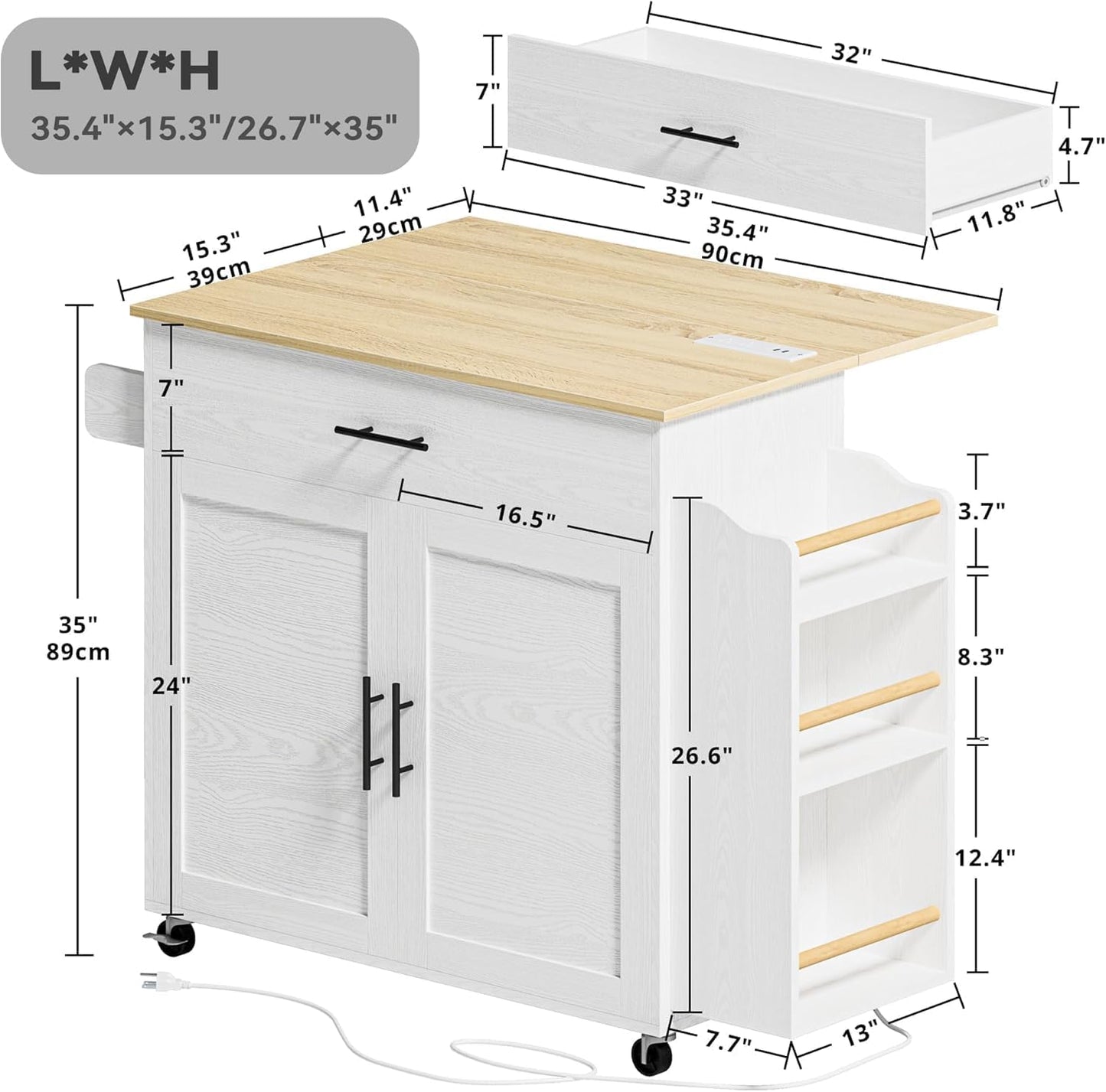 Kitchen Island with Storage, Rolling Kitchen Island on Wheels with Drop Leaf, 3 Open Spice Rack Shelf, Door Cabinet, Drawer, Kitchen Cart Island Table for Kitchen, White
