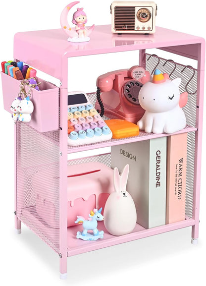 Nightstand, End Table with Hooks and Holder, Kids Nightstand for Bedroom, Toddler Bedside Table, Small Pink Desk for Girls, Coffee Table for Living Room, Dorm, Office (Pink)