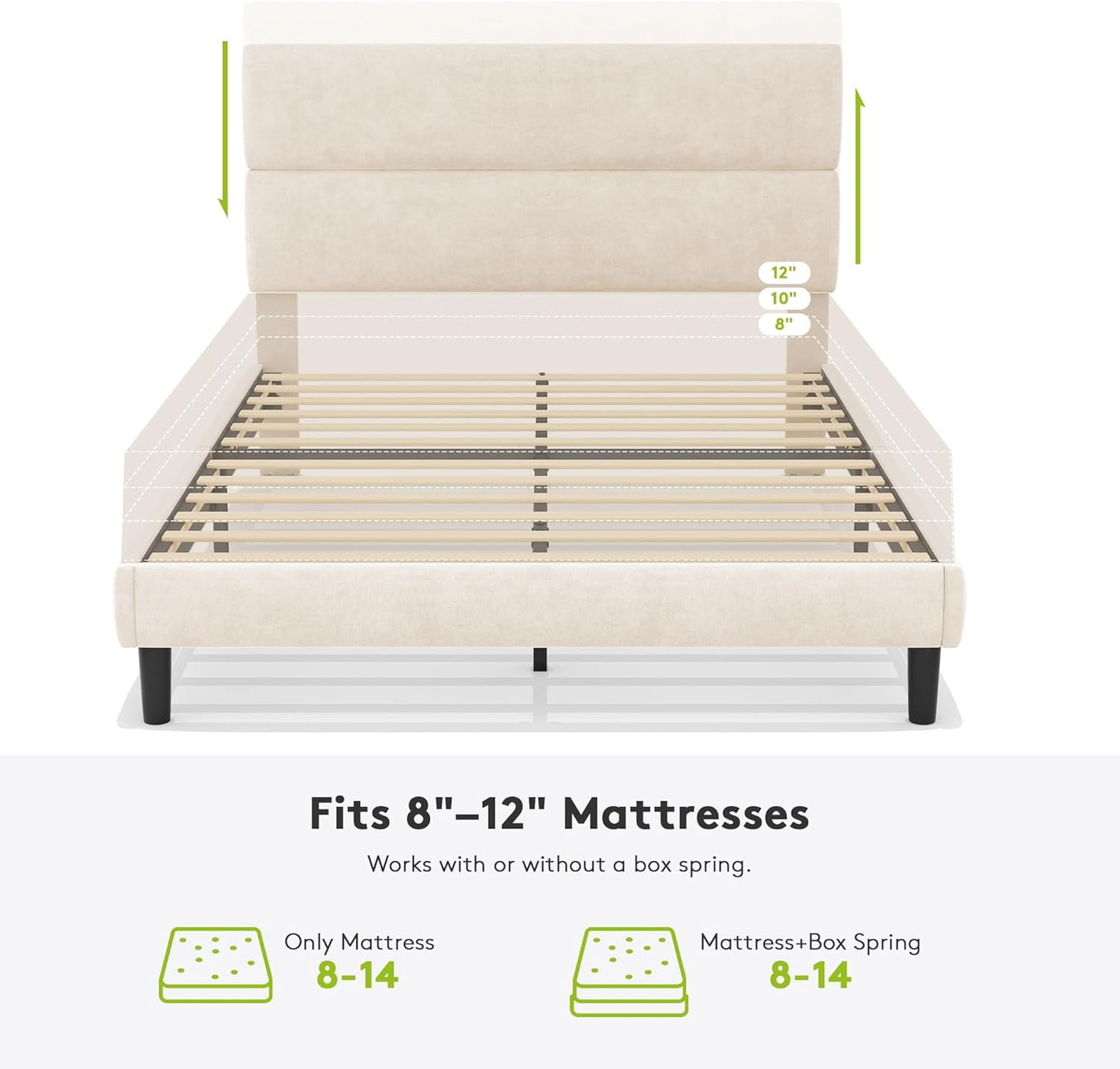 Queen Size Platform Bed Frame with Velvet Headboard, Adjustable Height Wooden Slats Support, Upholstered Mattress Foundation, Fits Mattress or Mattress with Box Spring, Easy Assembly, Beige