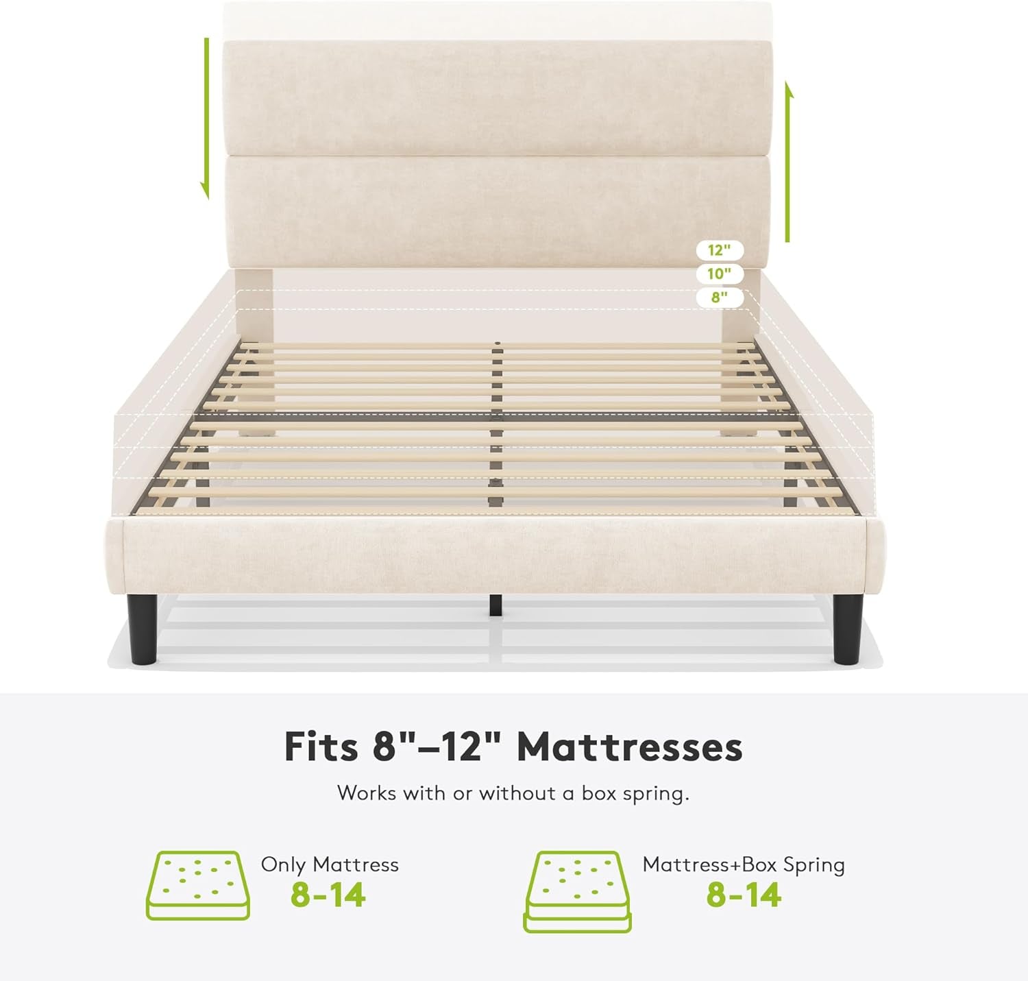 Queen Size Platform Bed Frame with Velvet Headboard, Adjustable Height Wooden Slats Support, Upholstered Mattress Foundation, Fits Mattress or Mattress with Box Spring, Easy Assembly, Beige