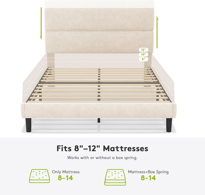 Queen Size Platform Bed Frame with Velvet Headboard, Adjustable Height Wooden Slats Support, Upholstered Mattress Foundation, Fits Mattress or Mattress with Box Spring, Easy Assembly, Beige