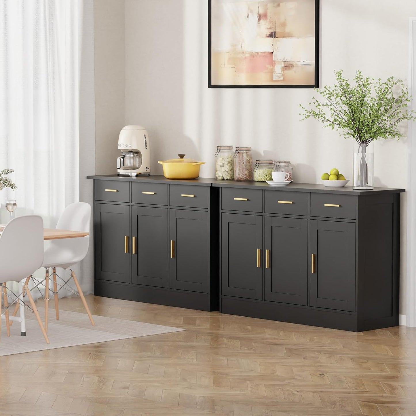 Buffet Cabinet with Storage - Buffets & Sideboards Kitchen Storage Cabinet, Wood Console Table Coffee Bar Accent Cabinets for Living Room Dining Room Entryway Large 3 Doors & Drawers, Black