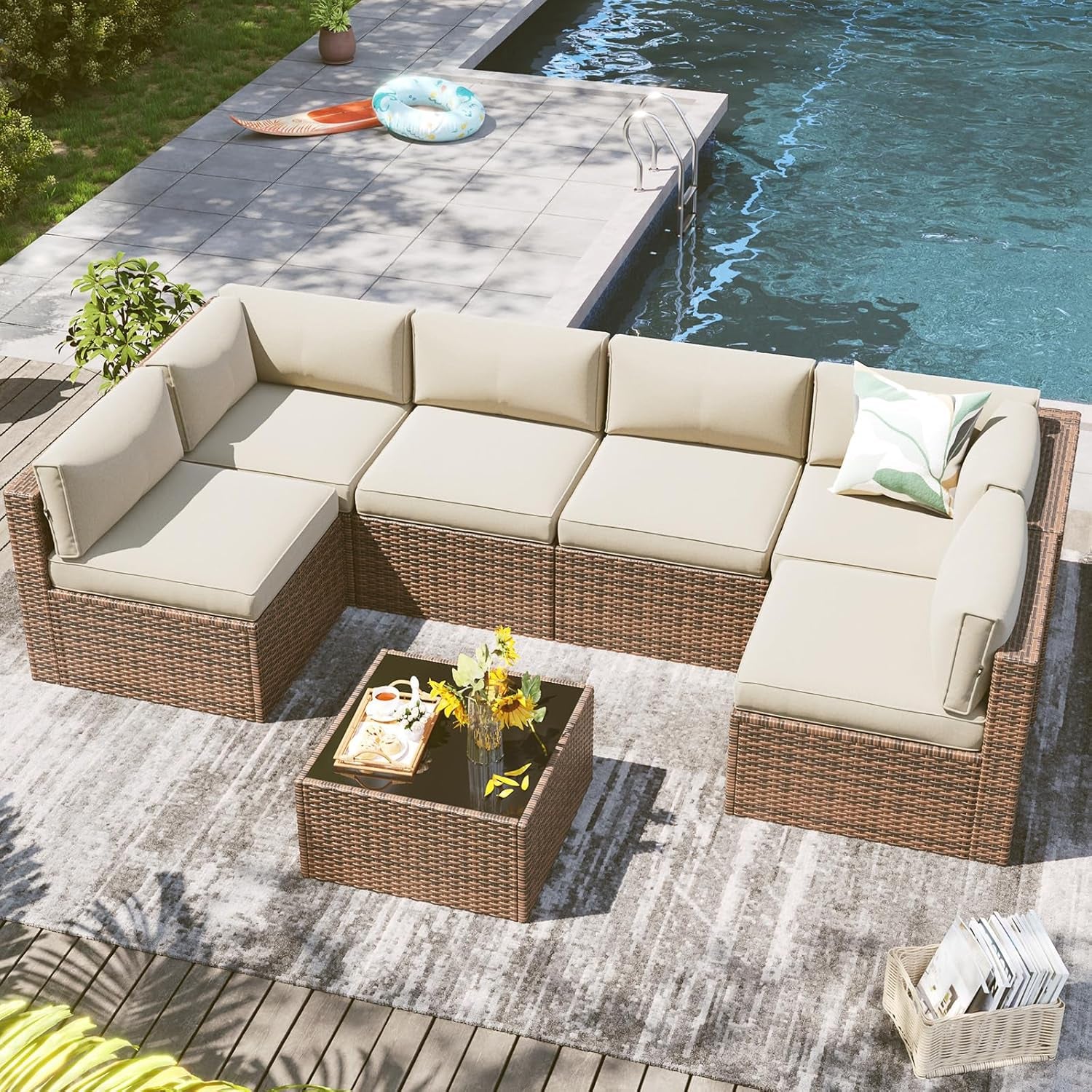 7 Piece Outdoor Patio Furniture Set with Coffee Table, Outdoor Patio Furniture Sets with Thicken Cushion, Wicker Rattan Outdoor Conversation Set for Backyard & Garden, Beige