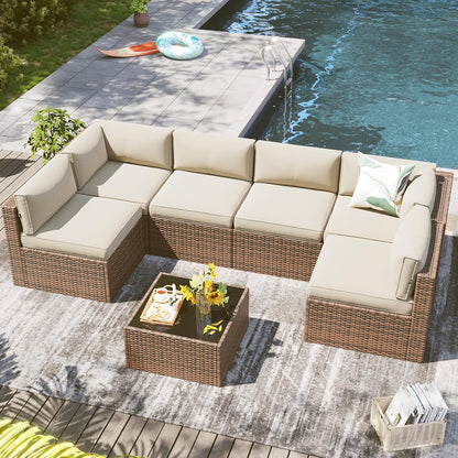 7 Piece Outdoor Patio Furniture Set with Coffee Table, Outdoor Patio Furniture Sets with Thicken Cushion, Wicker Rattan Outdoor Conversation Set for Backyard & Garden, Beige