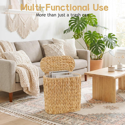 3 Gallon Wicker Trash Can, Bathroom Trash Can with Lid, Narrow Natural Water Hyacinth Waste Basket with Removable Liner, Boho Garbage Can for Bedroom, Office, Small Spaces Living Room, Toilet