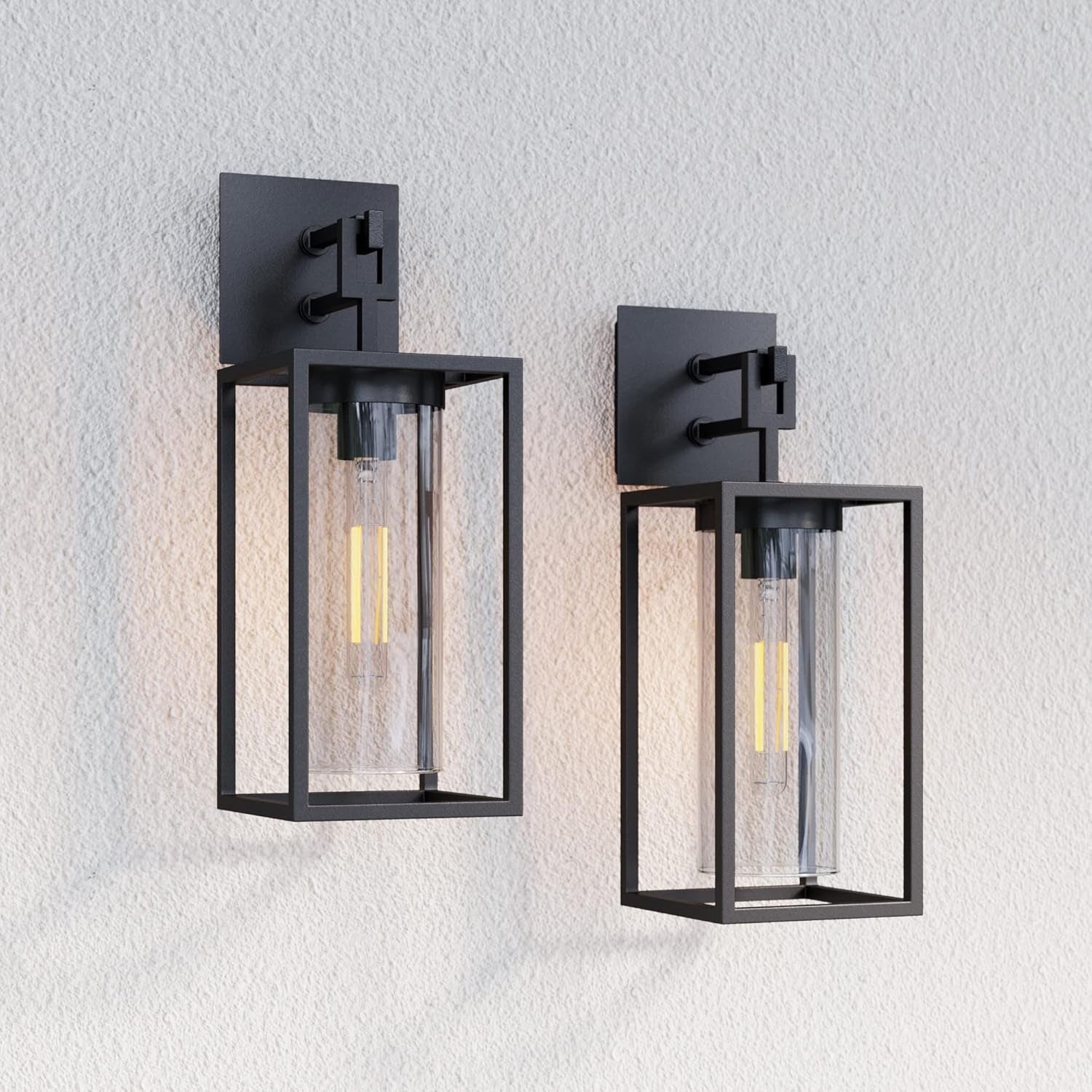 Sedona Outdoor Black Wall Sconce Light Fixture, Exterior Porch Lantern with Open Iron Frame and Cylinder Glass Shade for Patio and Front Door, Black/Clear, Set of 2
