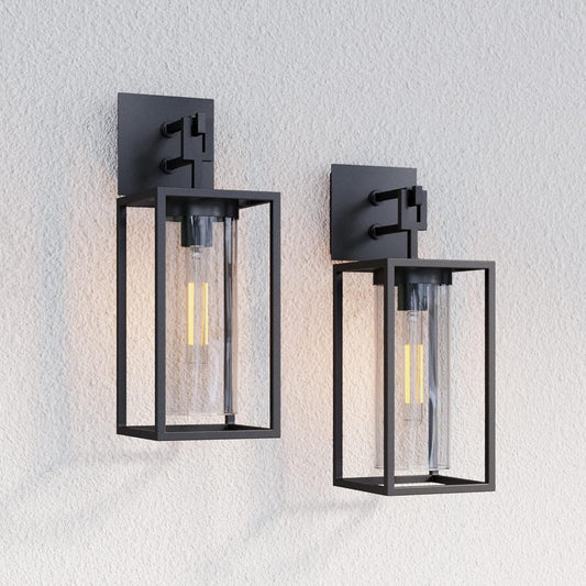 Sedona Outdoor Black Wall Sconce Light Fixture, Exterior Porch Lantern with Open Iron Frame and Cylinder Glass Shade for Patio and Front Door, Black/Clear, Set of 2